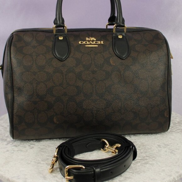 Coach Signature Canvas Satchel Crossbody Barrel Bag Black Brown NWOT - Picture 1 of 16